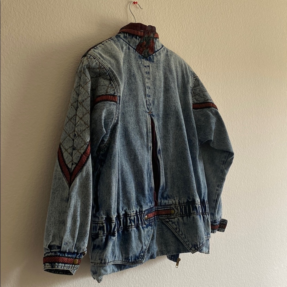 Blue And Red Jean Jacket With Patchwork Design - image 5